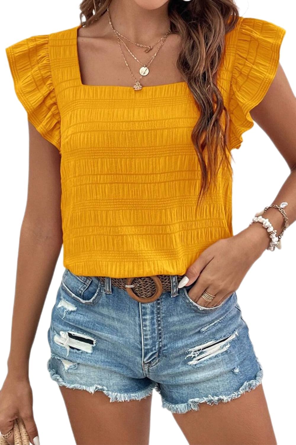 MONTEAU LOS ANGELES Women's Textured Dressy Tops Square Neck Ruffle Cap Sleeve Solid Casual Summer Blouses Shirts. SIZE MEDIUM